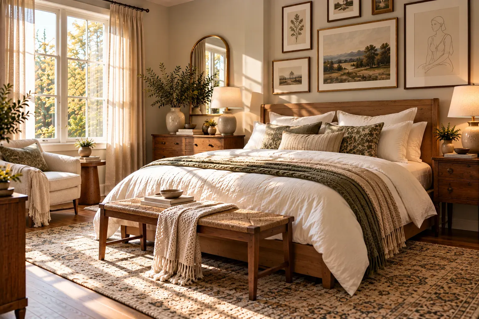Warm residential bedroom featuring framed gallery art and oak bed, white duvet, vintage bedside table