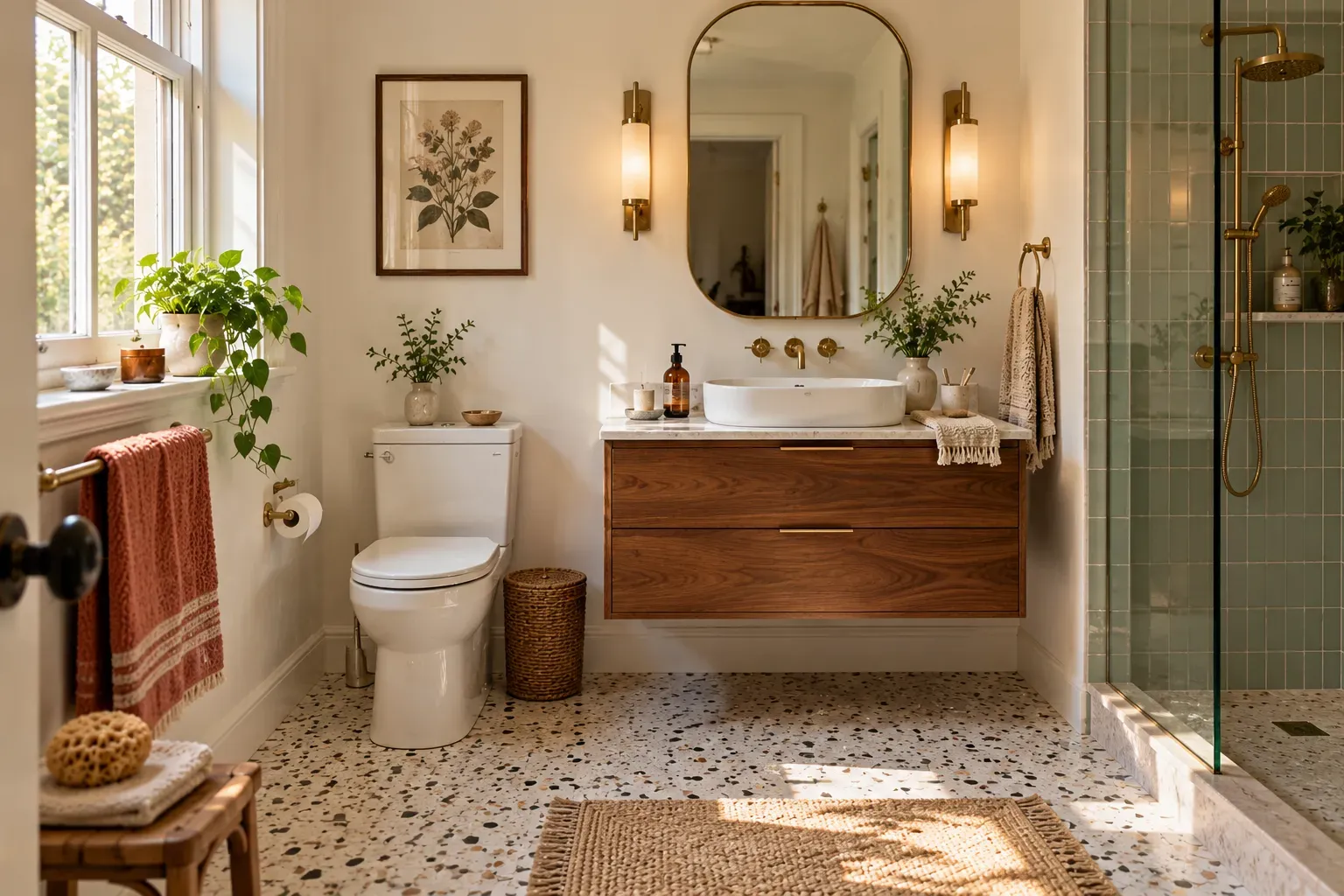 Retro bathroom with terrazzo floors with walnut details and practical vintage inspired fixtures