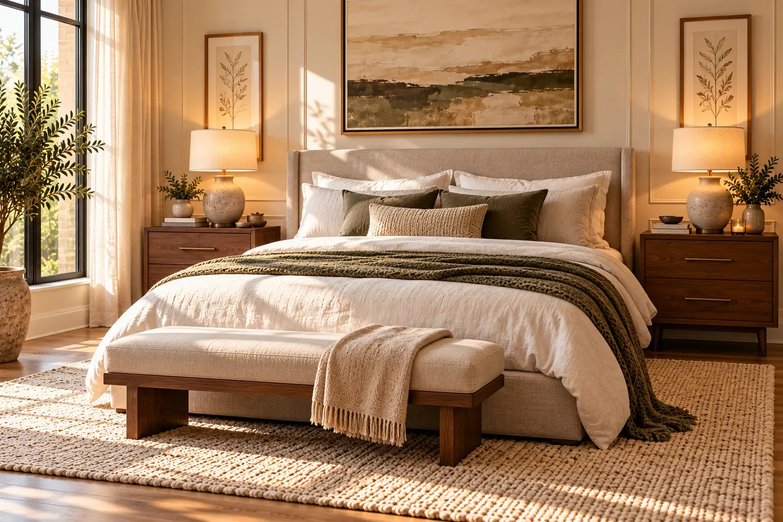 Matching walnut bedroom nightstands with ceramic lamps beside elegant upholstered neutral bed