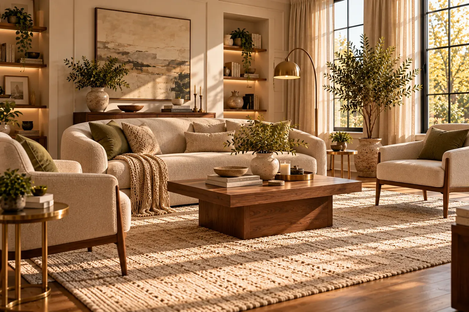Elegant transitional living room with curved sofa walnut tables and neutral decorative accents