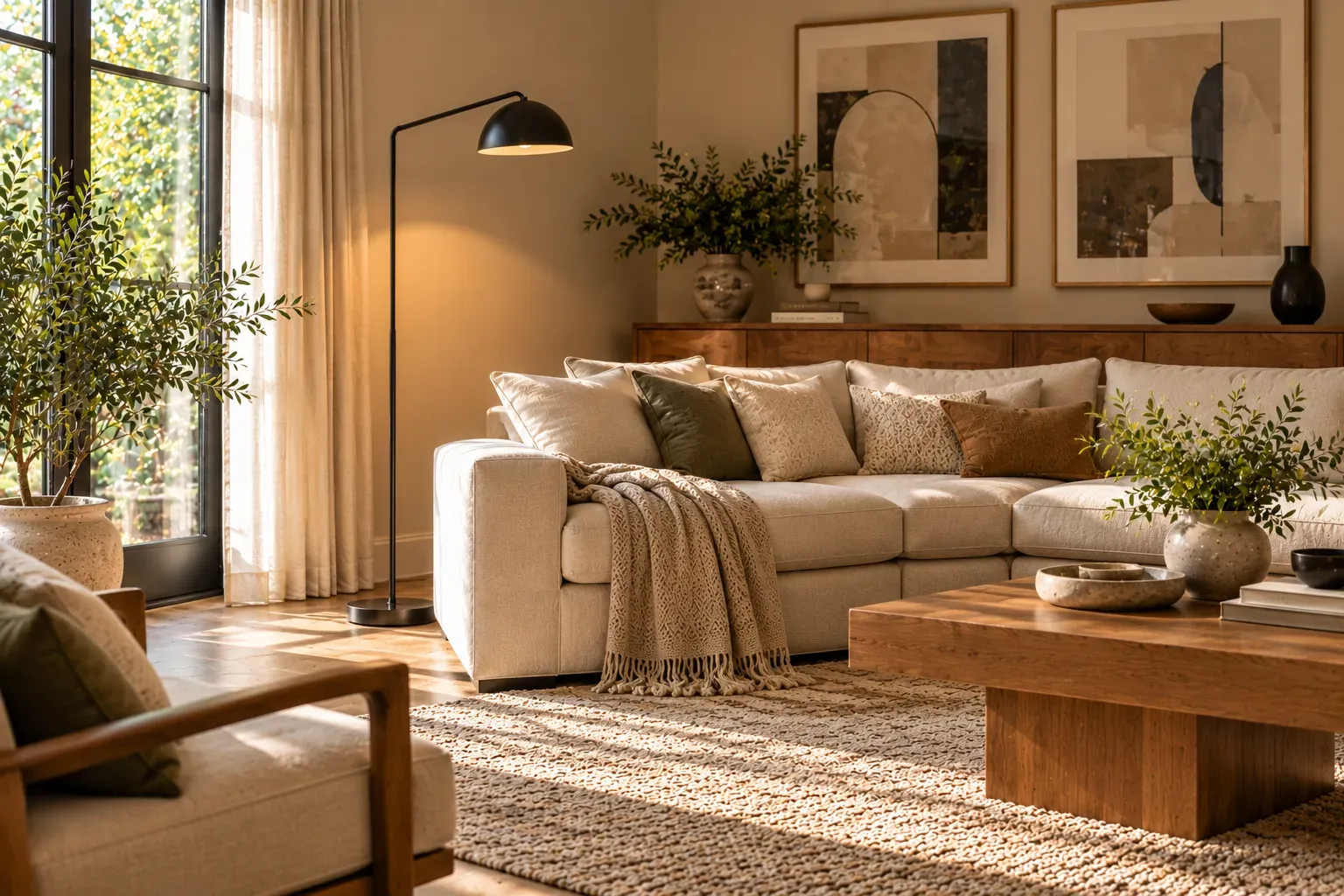 Thin matte black metal floor lamp in a welcoming, naturally lit contemporary residential living room