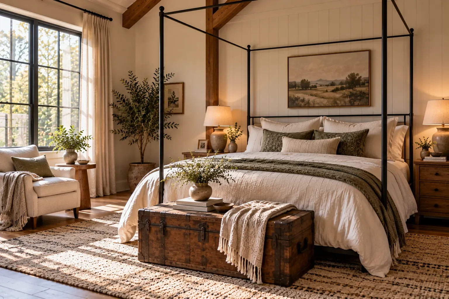 Realistic master bedroom showing try a canopy-inspired bed with comfortable furnishings and natural daylight