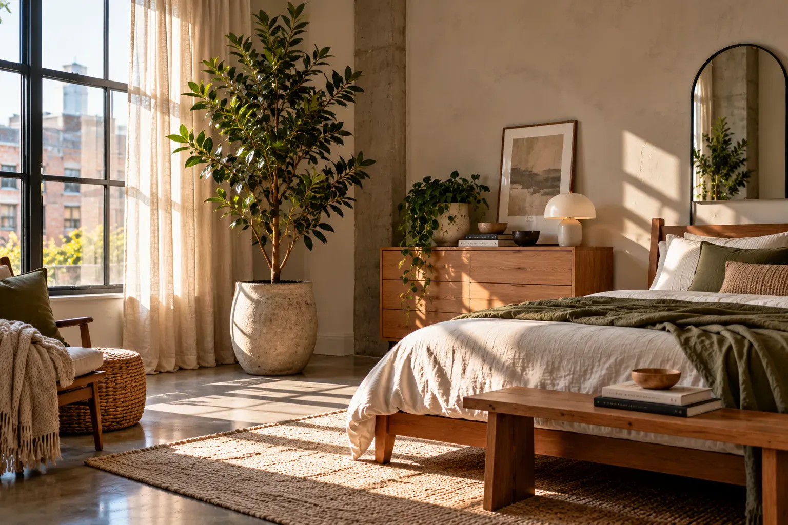 Try a Minimalist Snake Plant Arrangement styled with natural foliage and practical bedroom furnishings