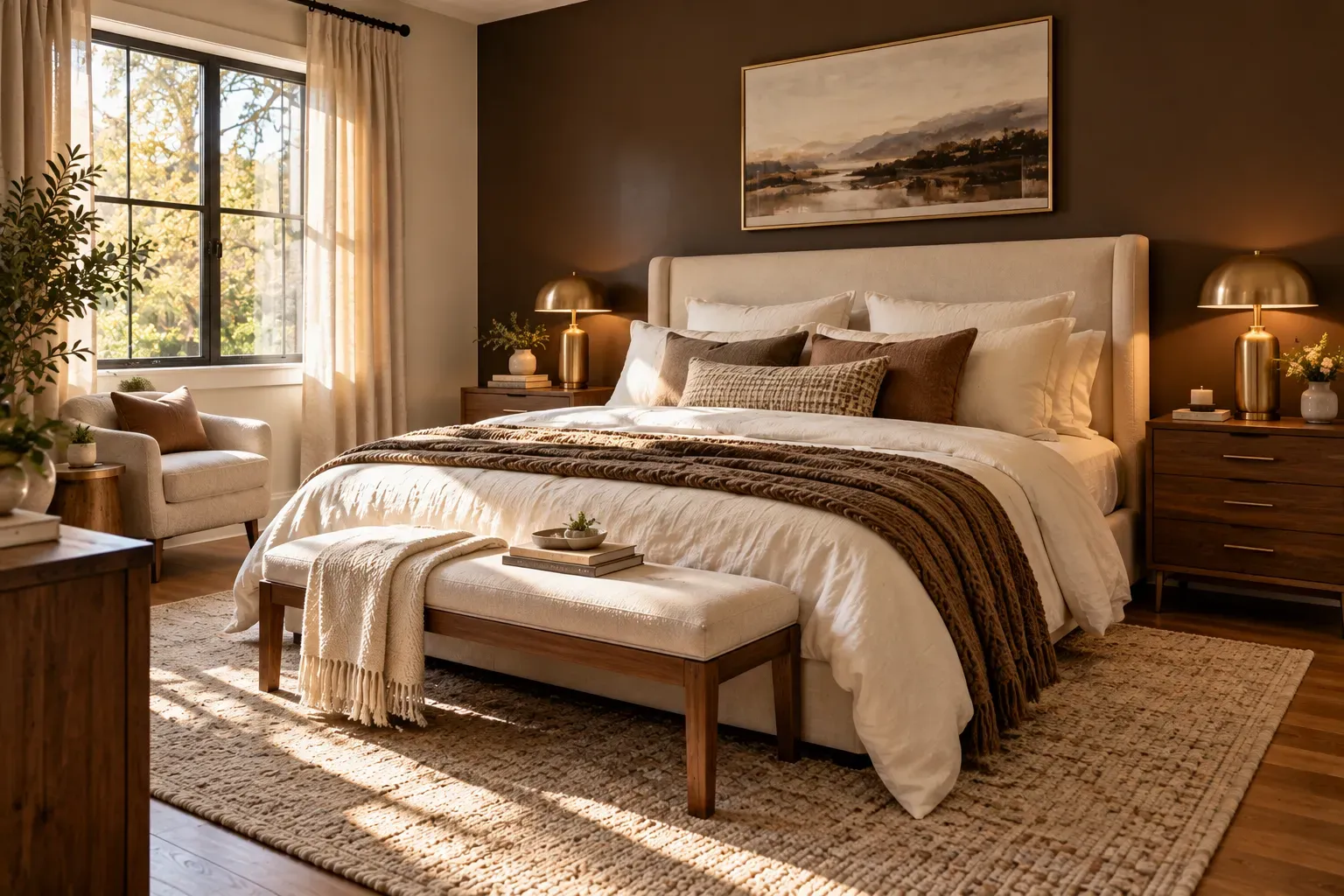 Warm residential bedroom featuring chocolate accent wall and cream upholstered bed, brass table lamp, walnut