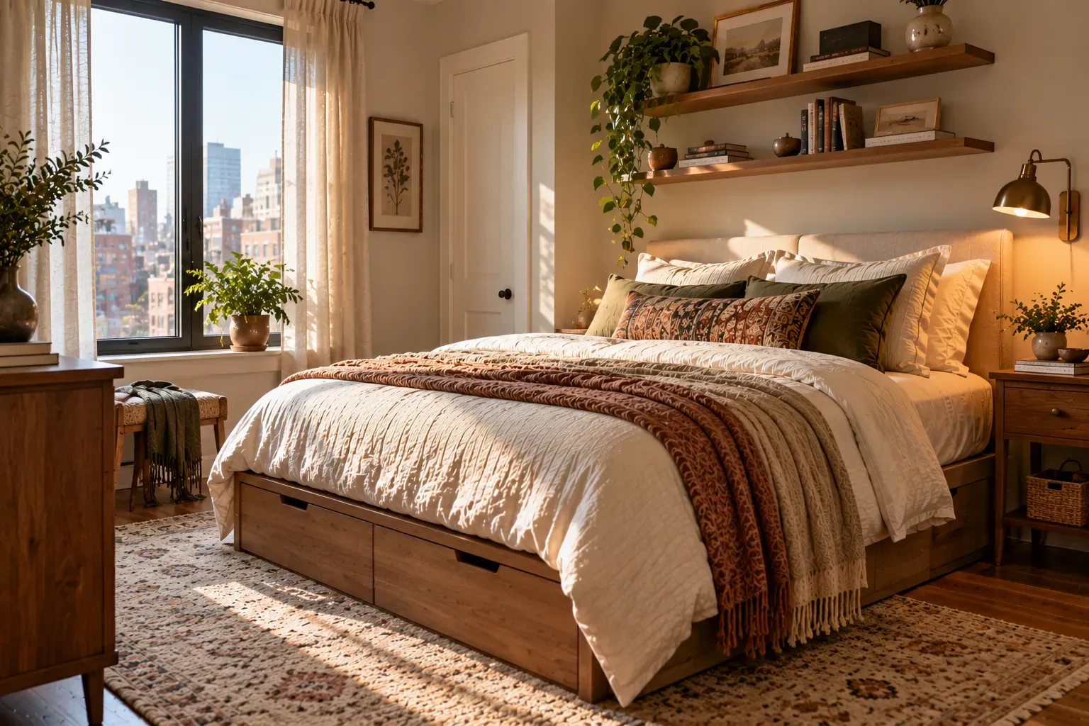 Realistic master bedroom showing try bedroom ideas for small spaces with comfortable furnishings and natural daylight