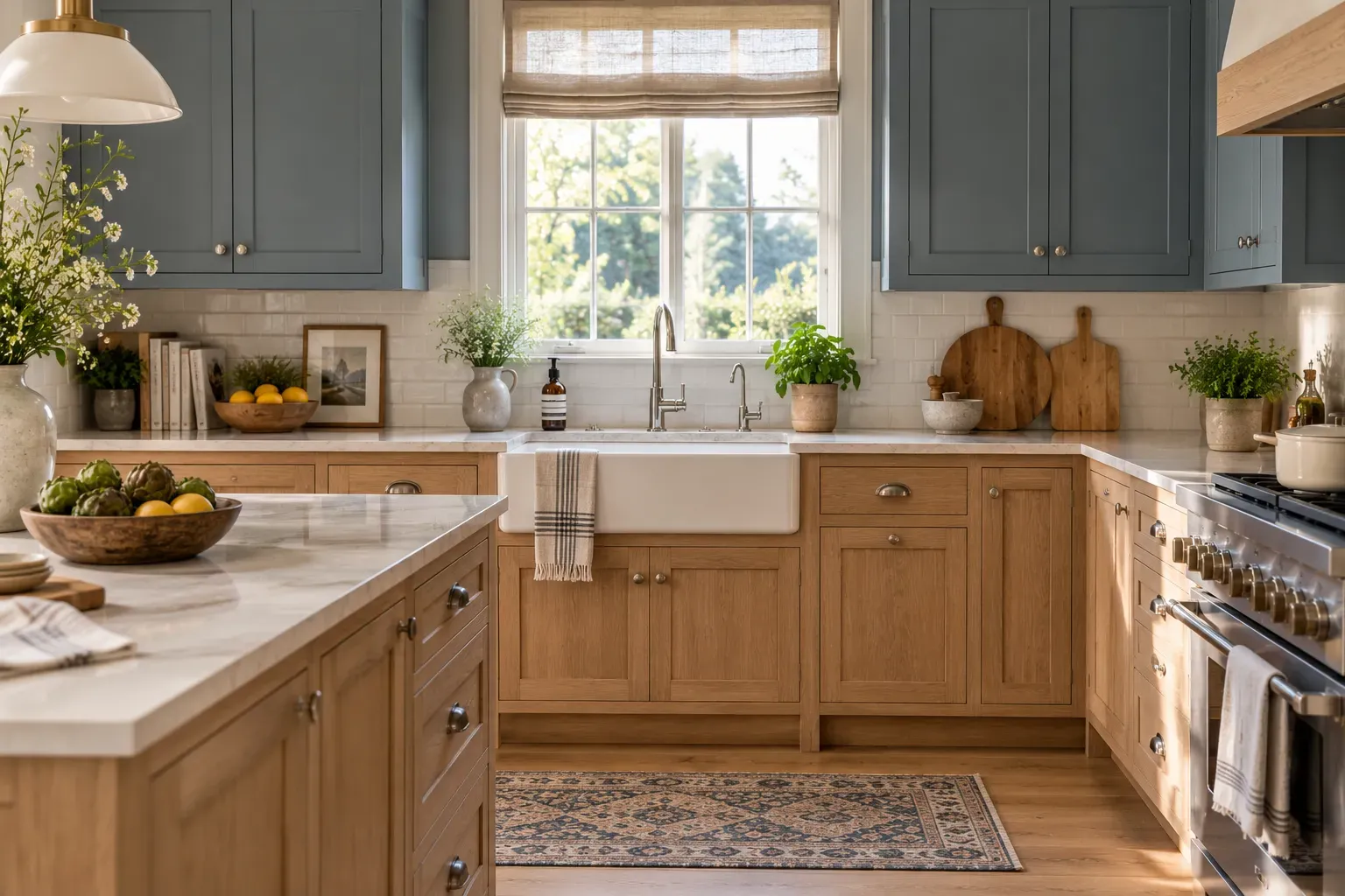 Two-tone kitchen with timber base cabinets and muted painted upper storage