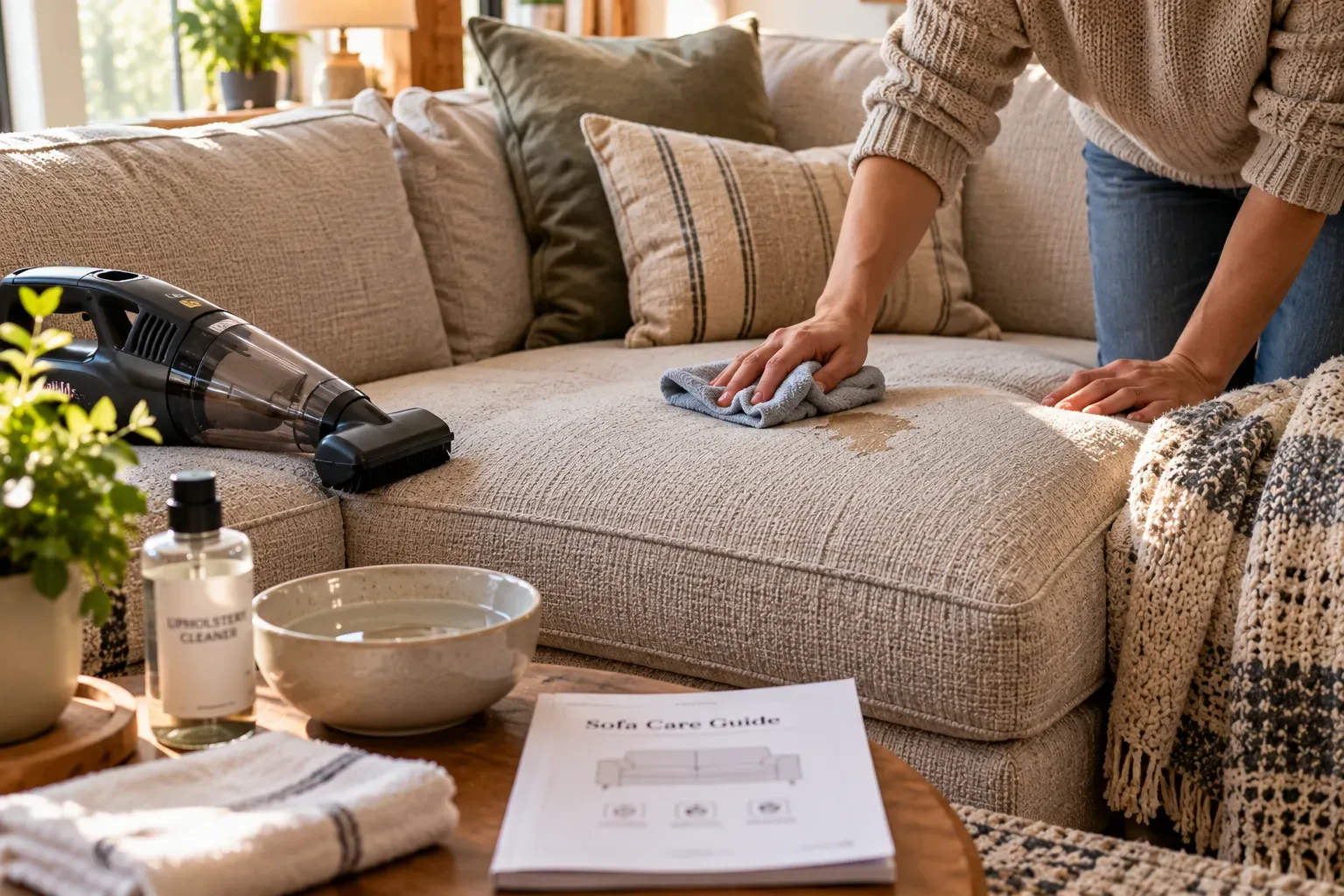 Hands gently cleaning textured sofa upholstery with a cloth in a lived-in home