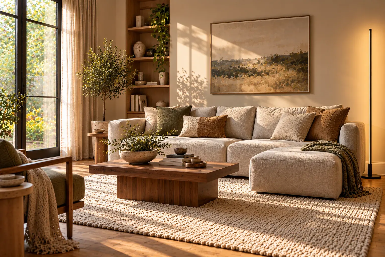 Slim minimalist led floor lamp beside modern seating in a welcoming, naturally lit contemporary residential