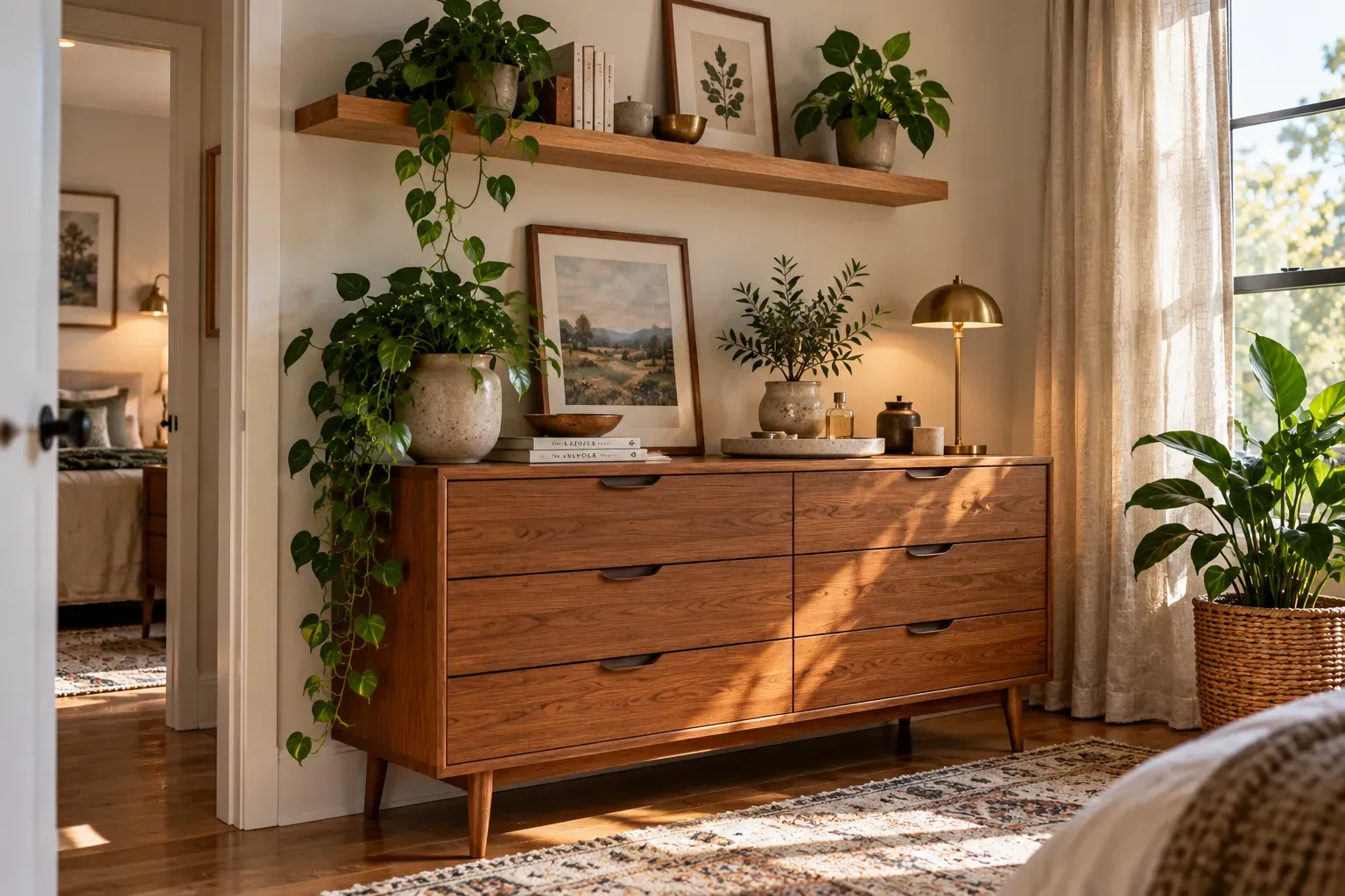 a Plant Shelf Above a Dresser styled with natural foliage and practical bedroom furnishings