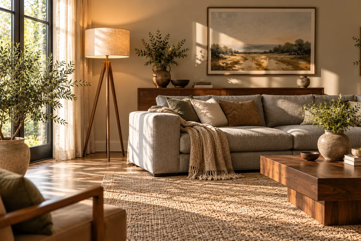 Walnut tripod floor lamp beside wide wall in a welcoming, naturally lit contemporary residential living