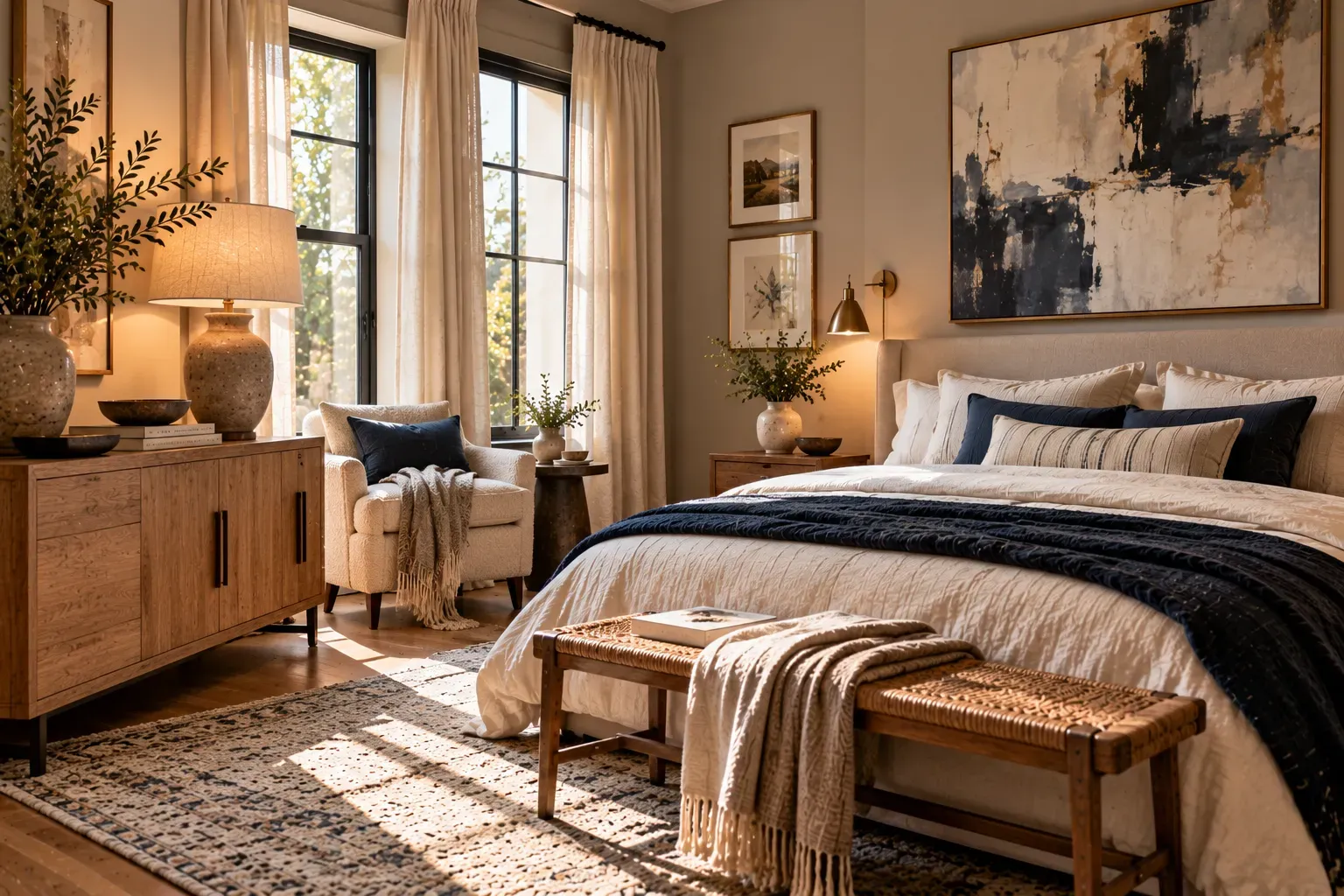 Realistic master bedroom showing use bedroom ideas with bold art with comfortable furnishings and natural daylight