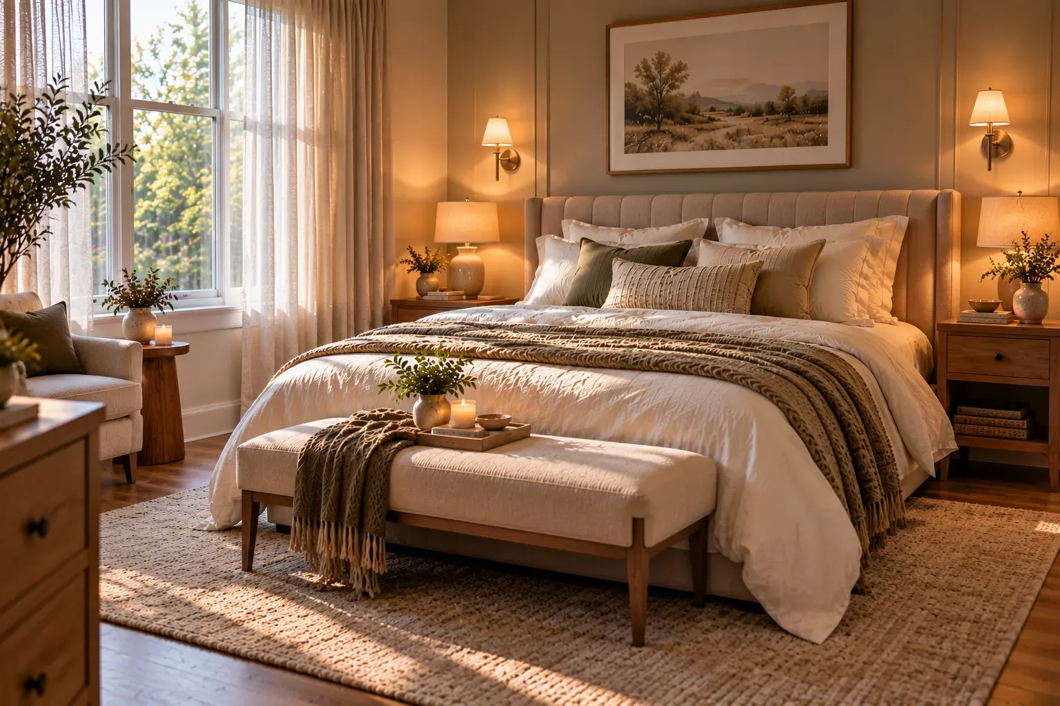 Photorealistic queen bedroom showing use lighting to create a relaxing atmosphere with practical furniture