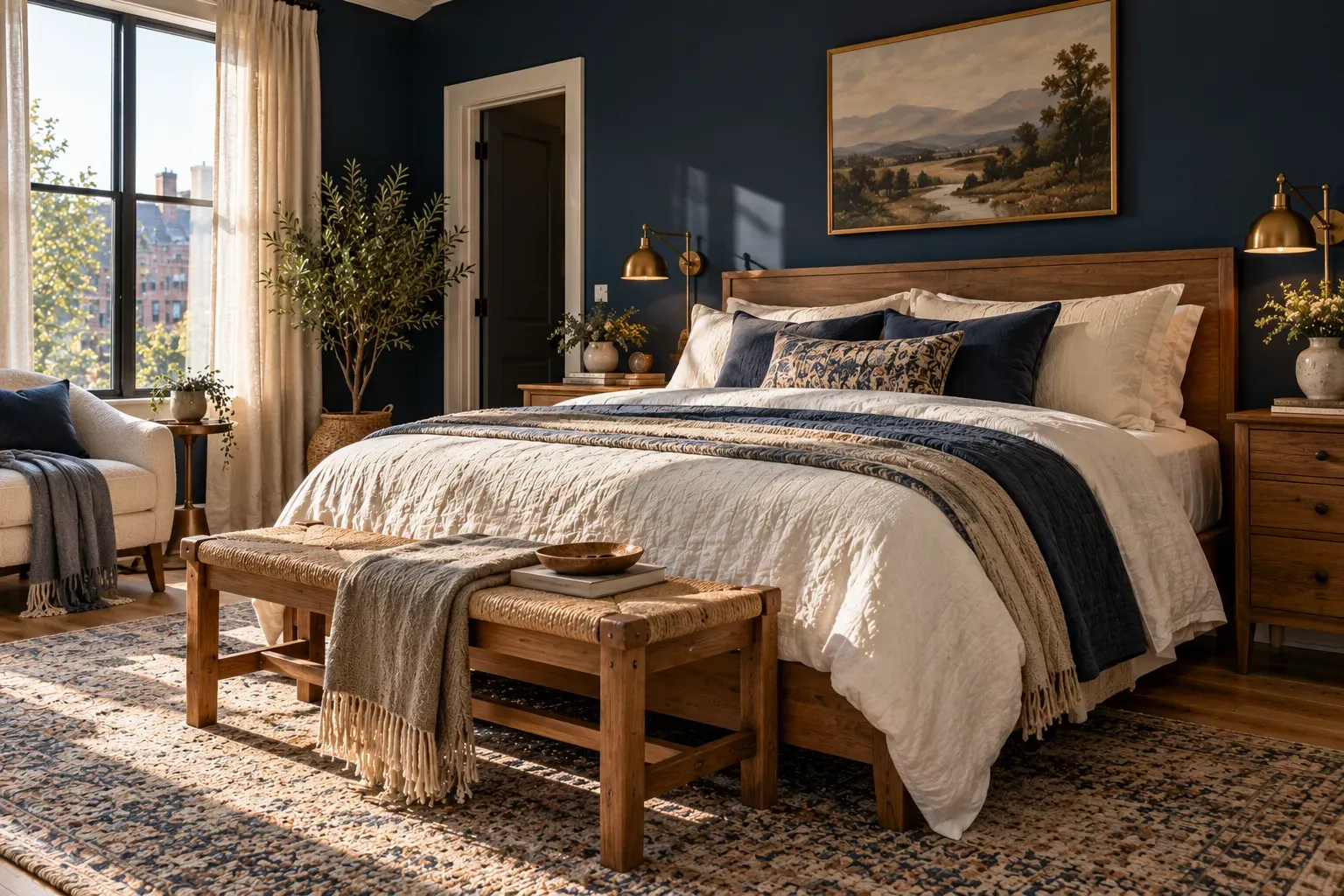 Realistic master bedroom showing use moody blue walls with comfortable furnishings and natural daylight