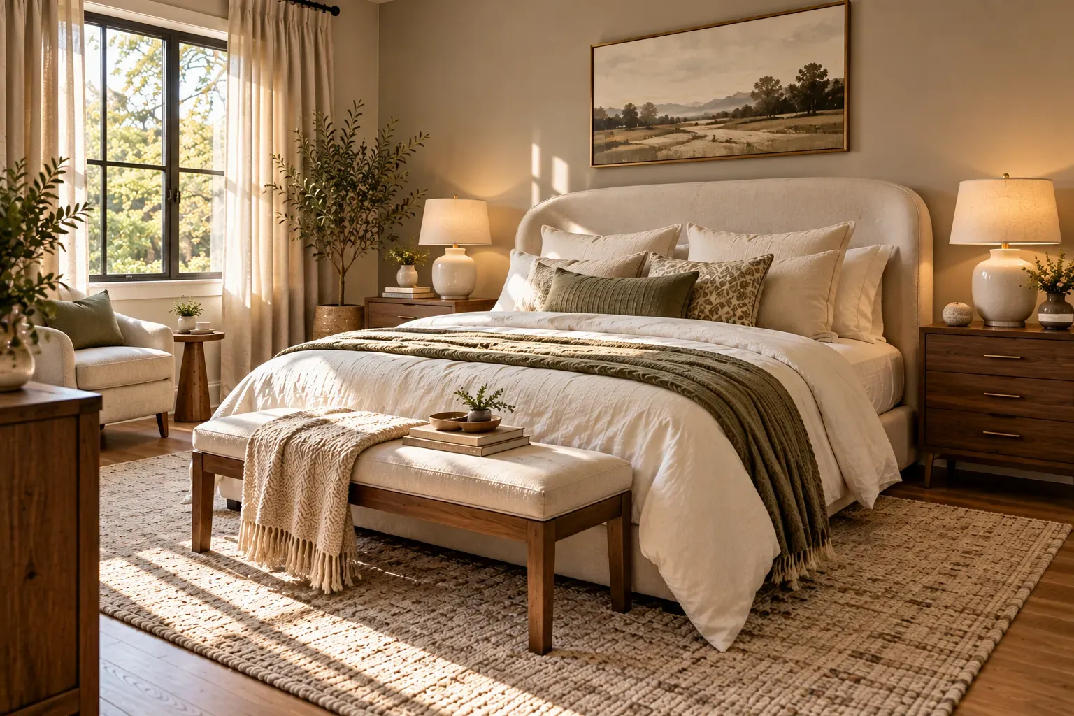 Warm residential bedroom featuring curved ceramic lamp and walnut nightstand, upholstered bed, linen curtains in