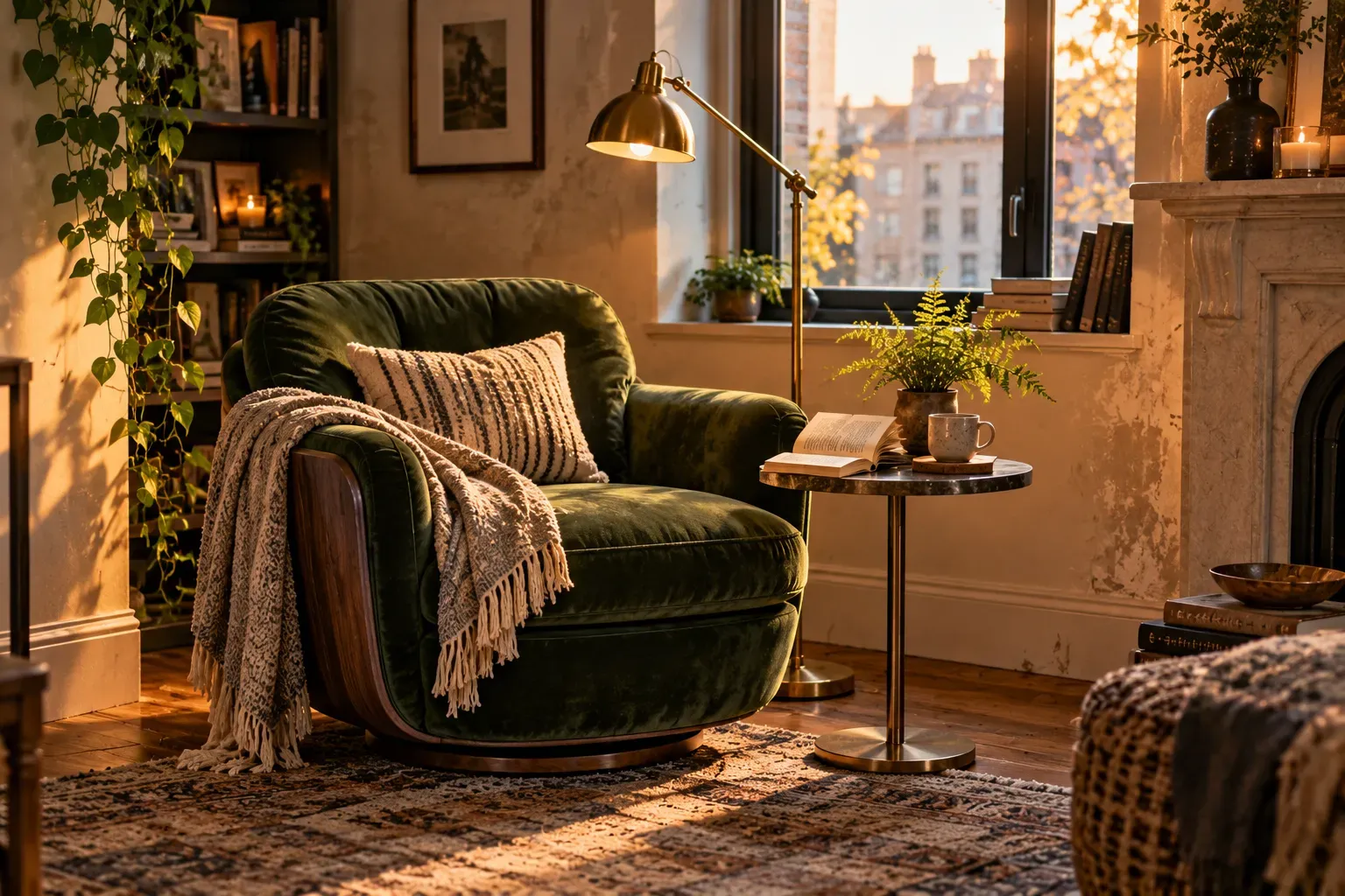 Emerald velvet reading chair beside a warm floor lamp in an intimate corner
