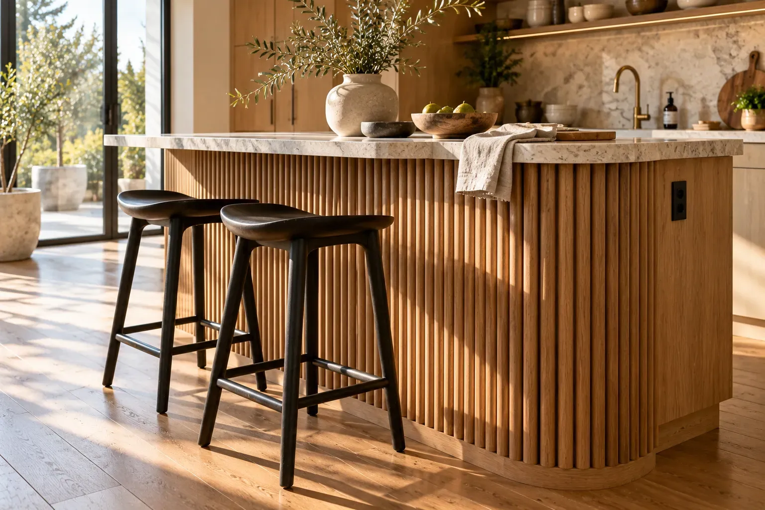Vertical oak slats adding architectural texture to a contemporary kitchen island