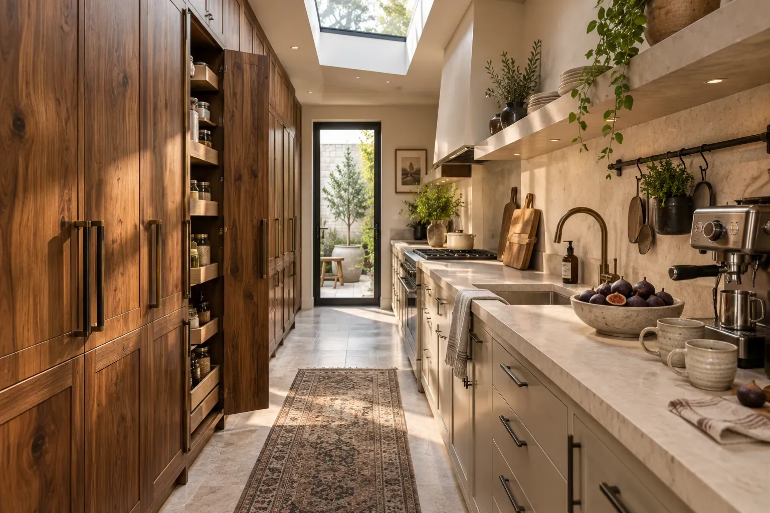 Rich walnut cabinetry paired with creamy stone in a modern kitchen