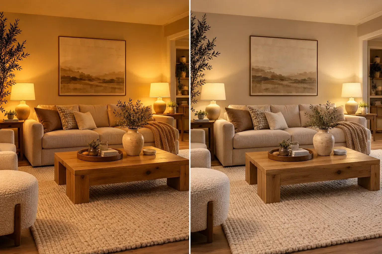 Elegant living room comparing golden warm lighting with balanced soft white illumination