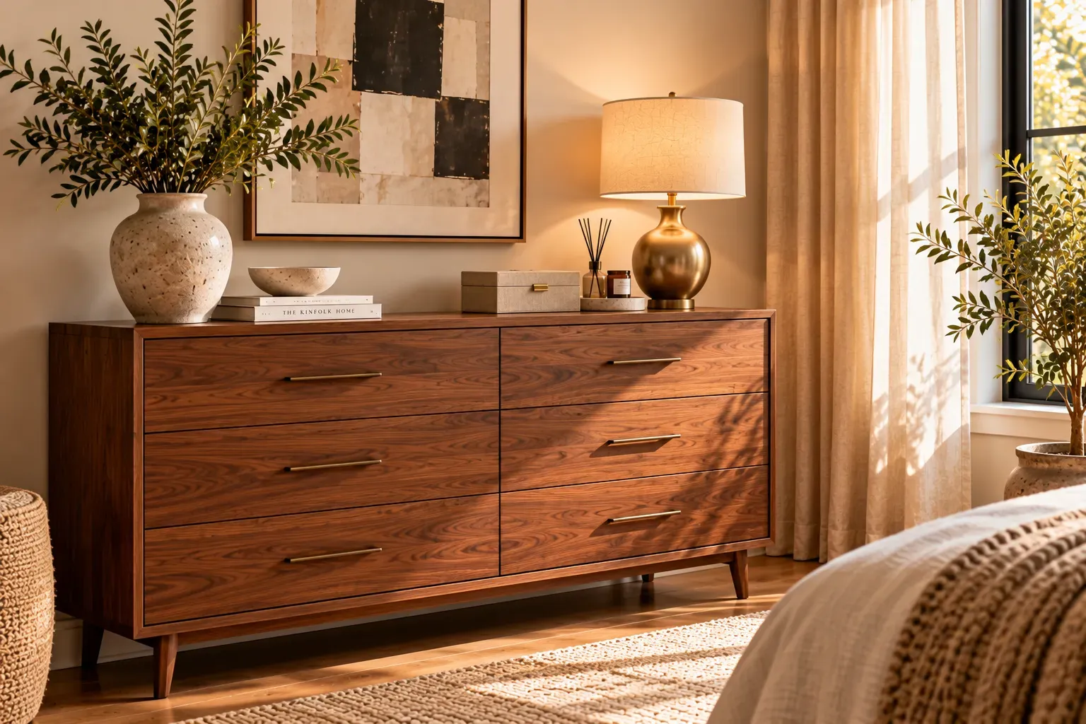 Warm walnut bedroom dresser decorated with ceramic vase and minimalist framed artwork