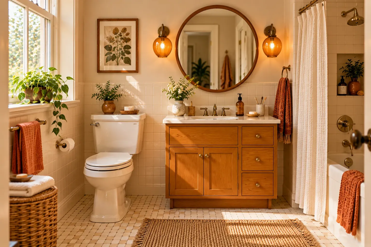Retro bathroom with wood vanity and amber glass lighting and practical vintage inspired fixtures