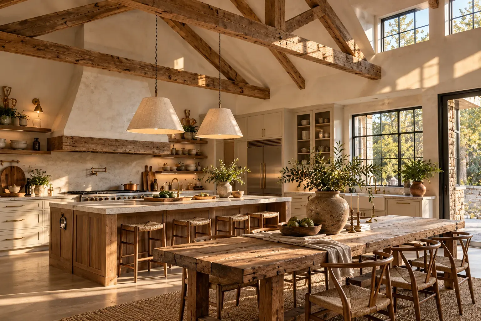 Wood ceiling beams bringing architectural warmth to a vaulted kitchen