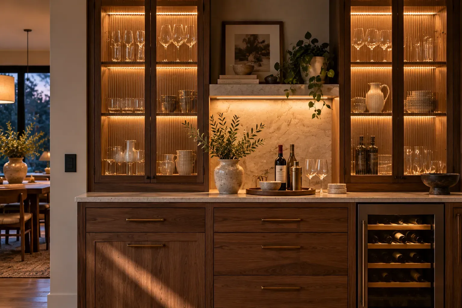 Wood framed glass cabinets displaying practical glassware in a refined kitchen
