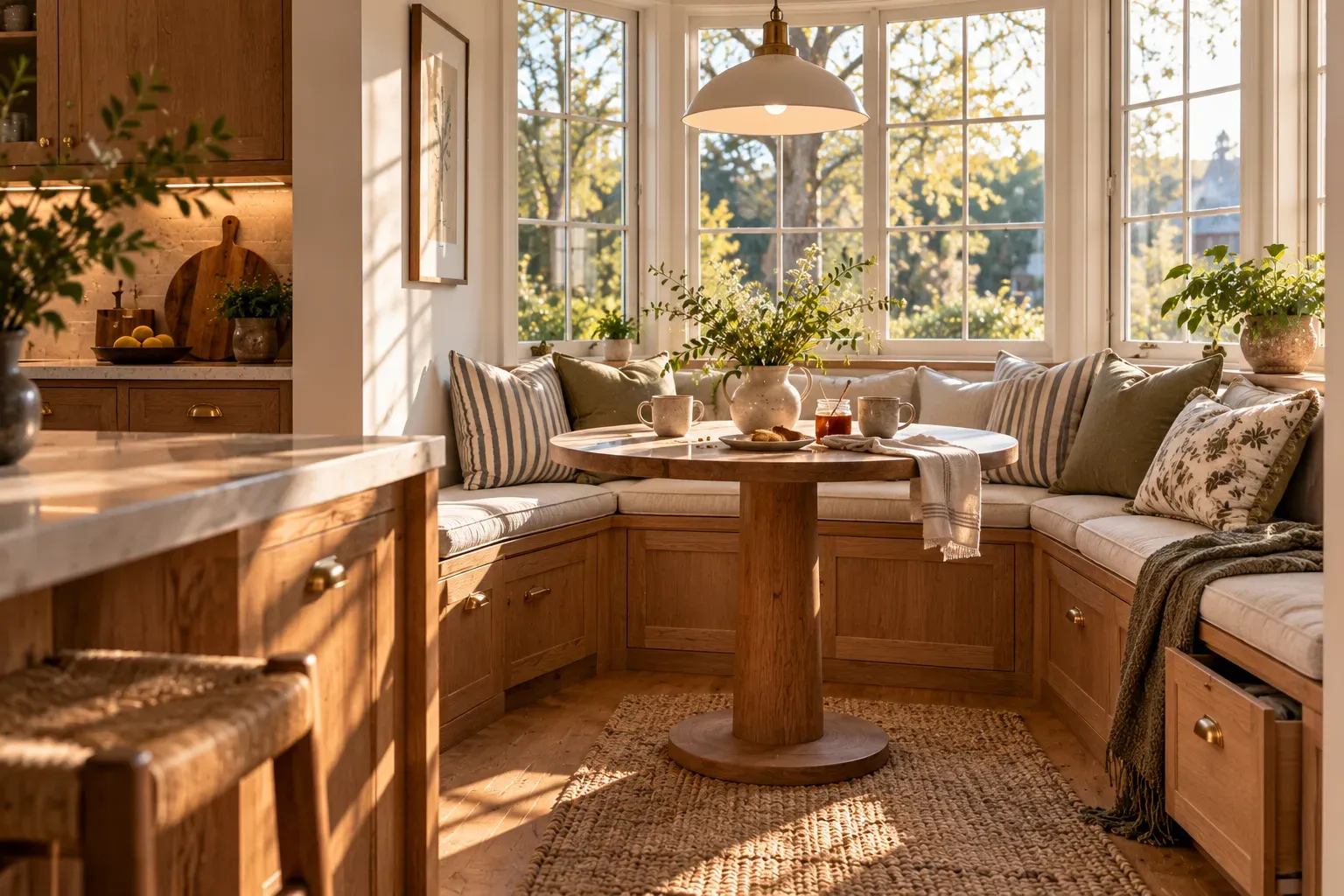 Built-in oak breakfast nook with practical storage and comfortable everyday seating