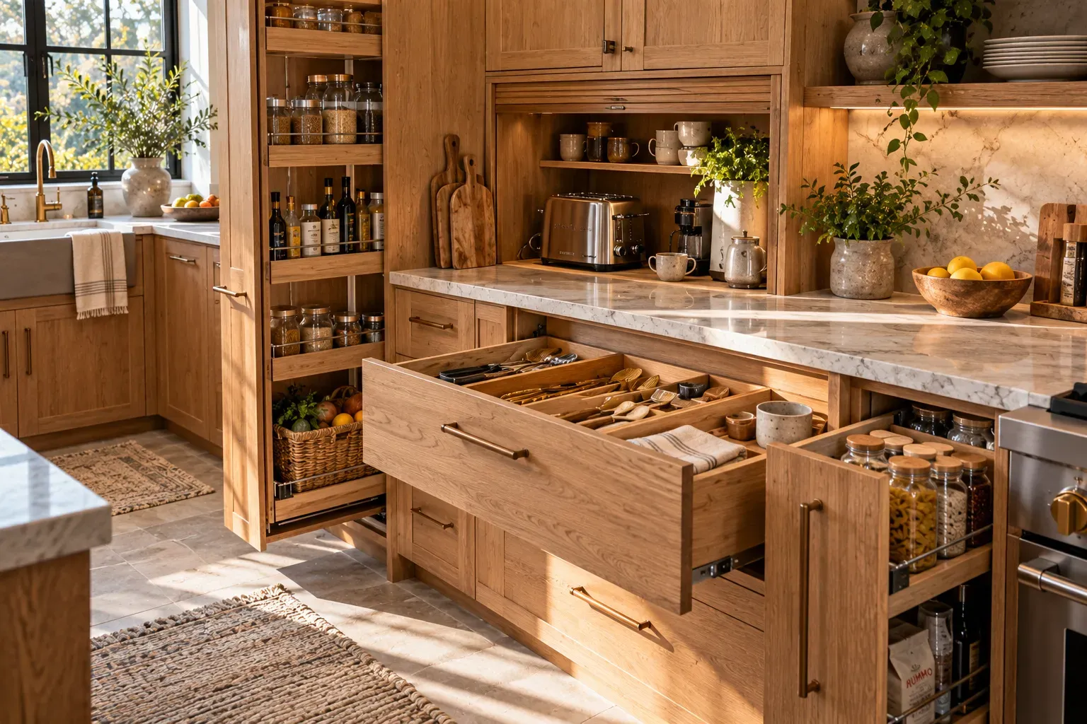 Wood kitchen cabinetry opened to reveal organized hidden storage and appliance solutions
