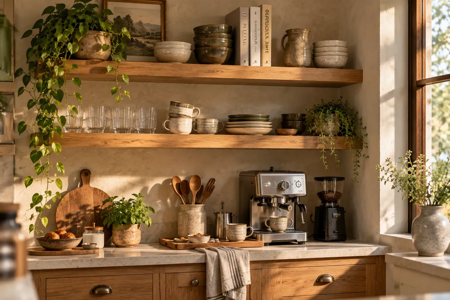 Open wood kitchen shelving styled with useful everyday dishes and cookbooks