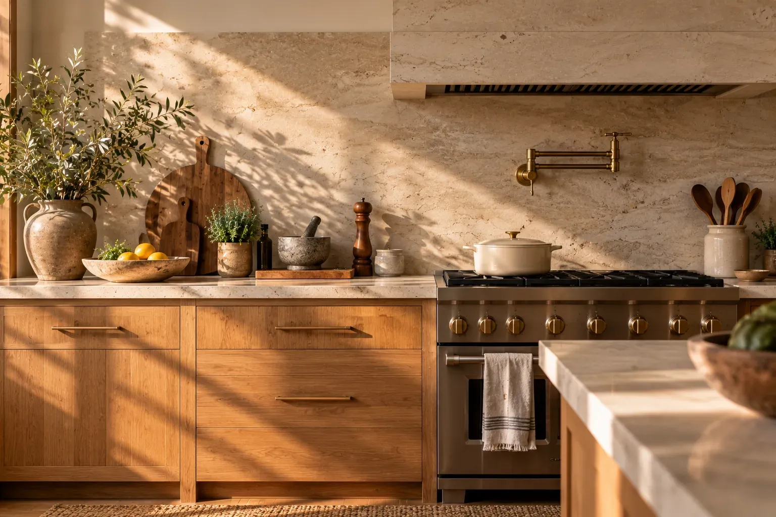 Wood cabinetry paired with a quiet natural stone backsplash and work surface