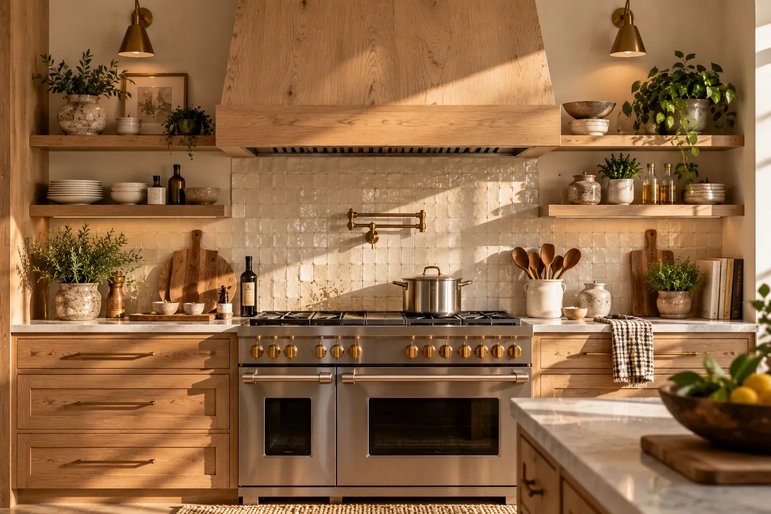 Custom wood range hood centered above a practical cooking zone
